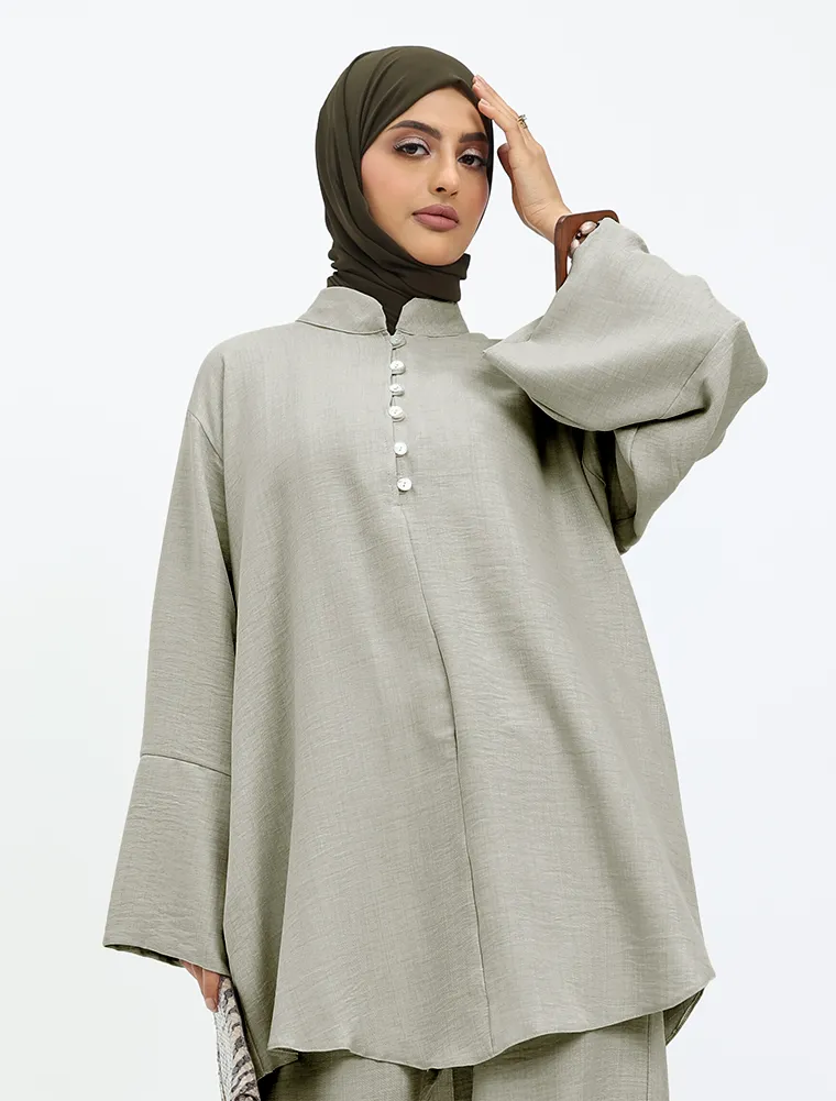 Khaki Linen Feel Button Detail Co Ord Set